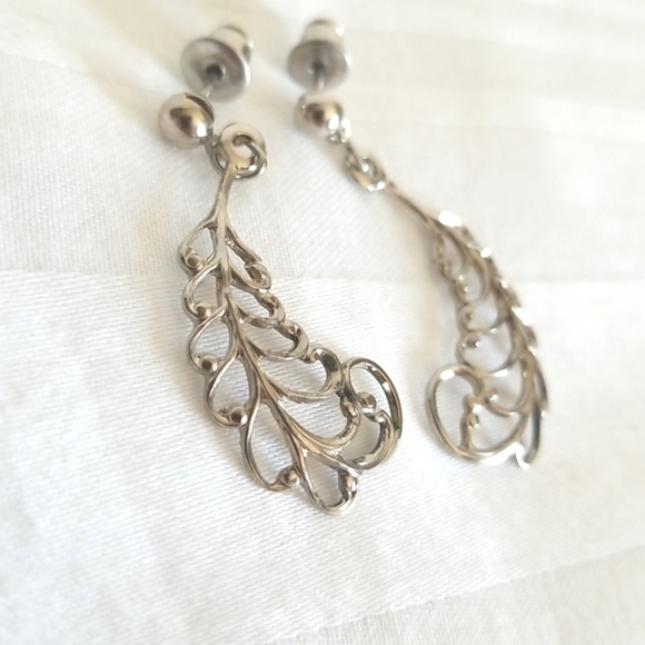 Silver Swirl Leaf Earrings - Picture 2 of 3